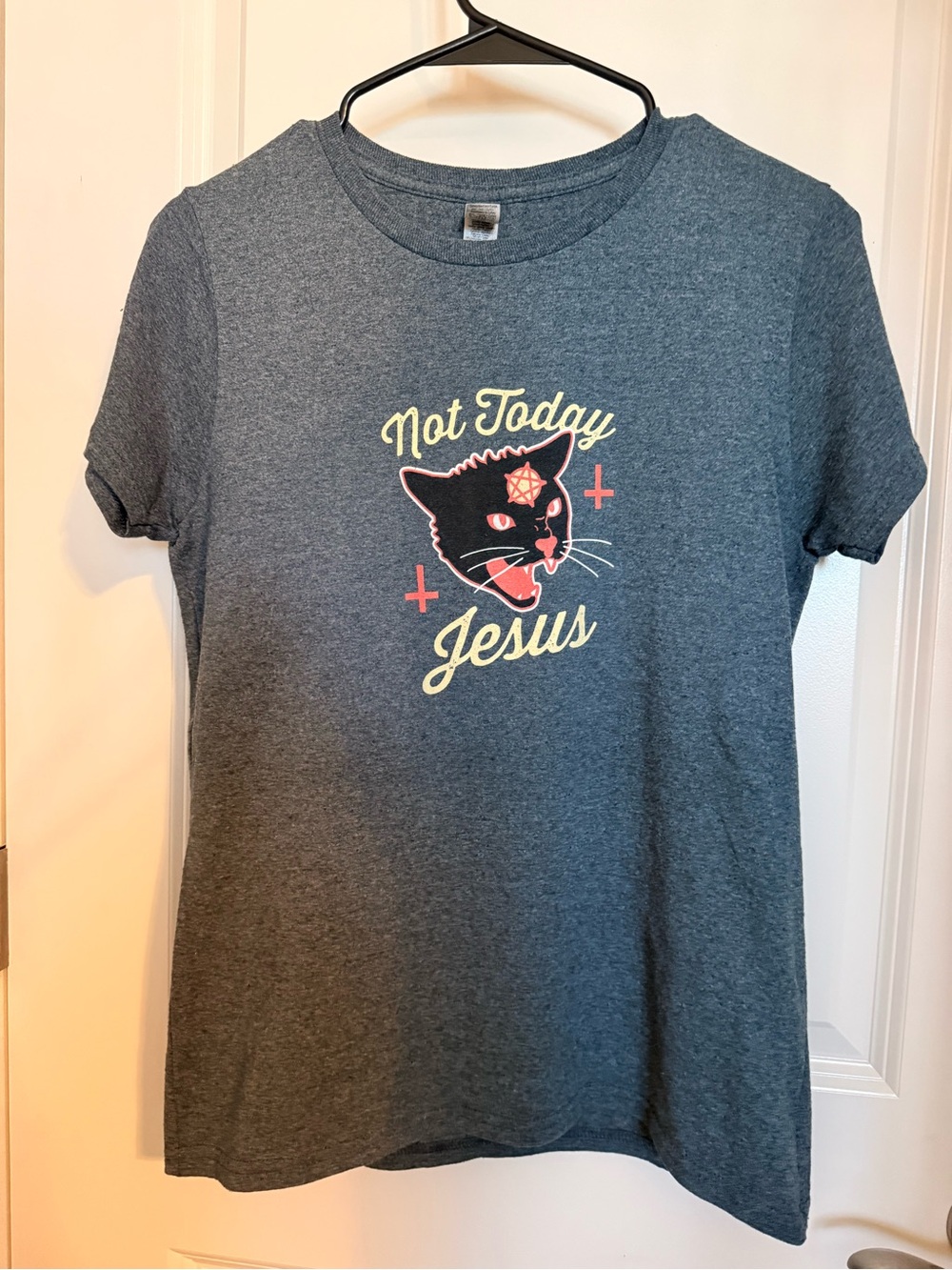 Women’s Blue Not Today Jesus Cat T-Shirt Size Medium